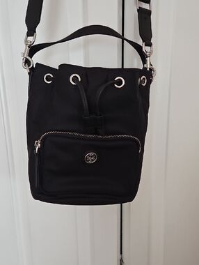 Tory Burch Black Nylon Drawstring Crossbody Virginia Bucket Bag